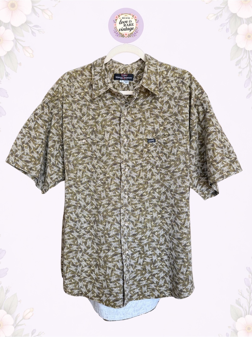 Vintage USA GUESS Button Down Shirt in Green, Cream & Brown Abstract Print